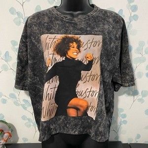 Whitney Houston Acid Wash Cut Off Short Sleeve T-Shirt Size Medium